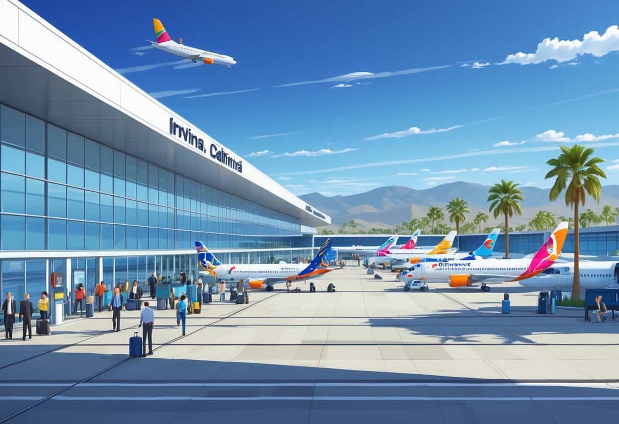 An airport scene at Irvine, California with airplanes parked at gates and travelers walking near a modern terminal building under a clear sky.
