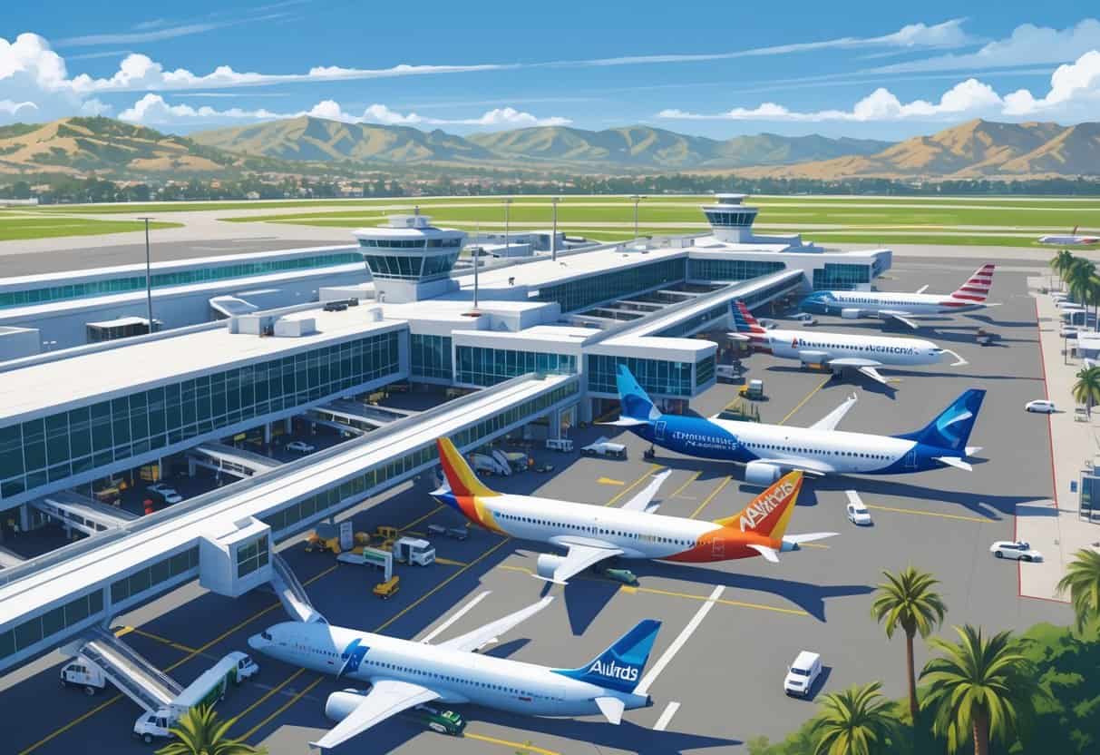 An airport terminal with several airplanes from different airlines parked and taxiing, surrounded by palm trees and hills under a clear sky.