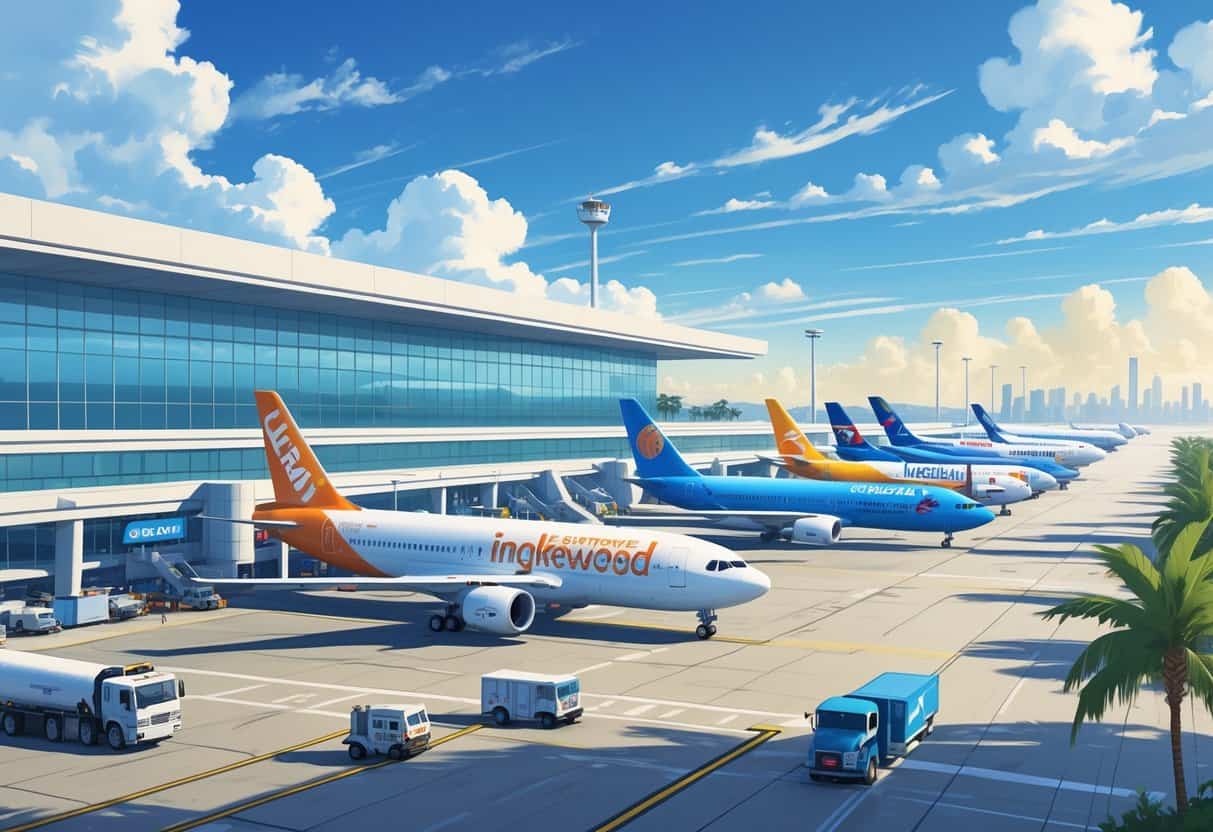 A busy airport scene at Inglewood, California, showing airplanes from various airlines parked at gates and taxiing, with a modern terminal building and palm trees nearby.