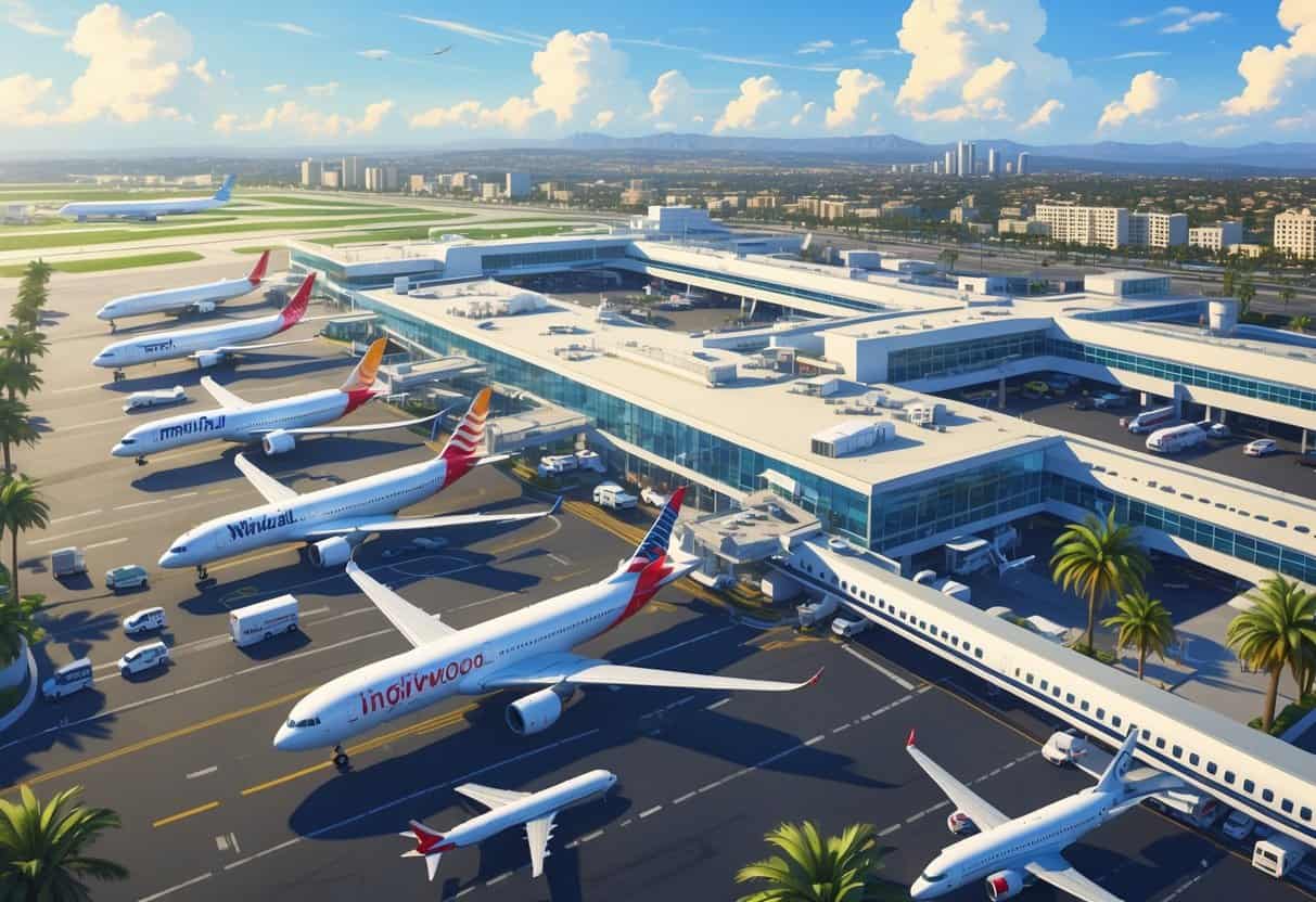 Aerial view of Inglewood California Airport with several commercial airplanes on runways and at gates, surrounded by airport buildings and the nearby city.