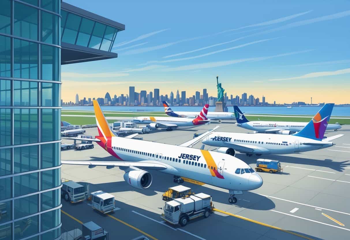 Airport terminal with airplanes parked at gates and a city skyline in the background near water.