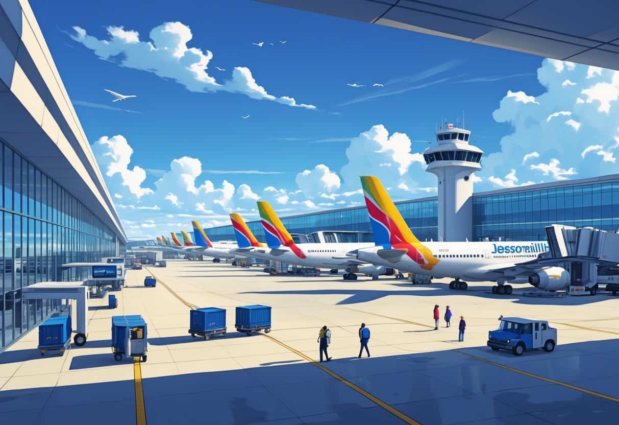 An airport terminal at Jacksonville Florida Airport with airplanes parked at gates, passengers walking, and airport staff assisting travelers under a clear sky.