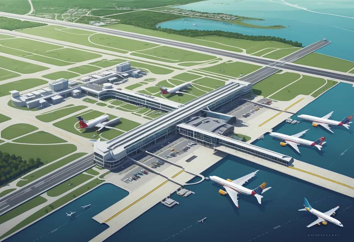 Aerial view of Jacksonville International Airport and nearby airports with several commercial airplanes on runways and taxiways, surrounded by natural and urban landscapes.