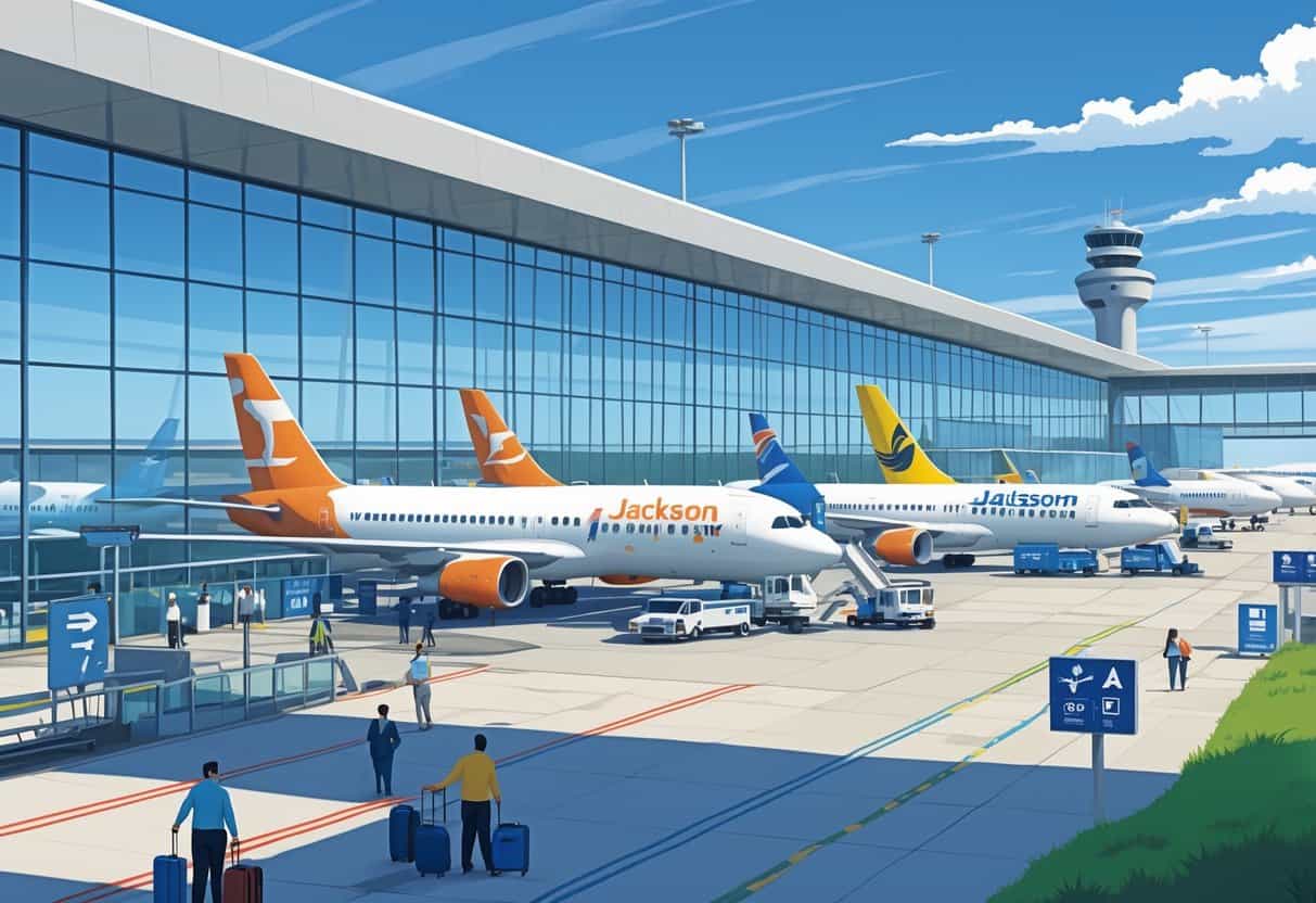 Airport terminal at Jackson Mississippi with airplanes from multiple airlines parked at gates and travelers walking inside the terminal.