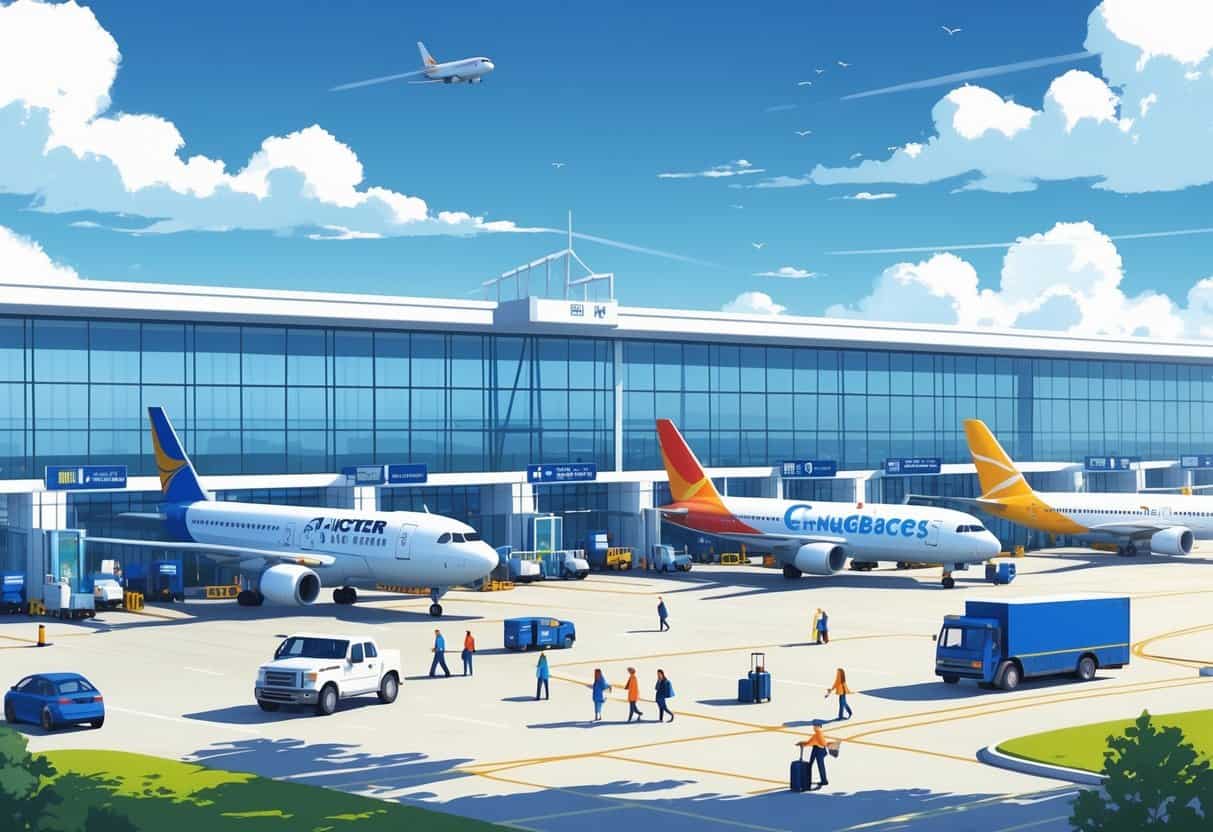 Airport terminal with airplanes parked at gates, passengers walking with luggage, and airport staff working on a clear day.