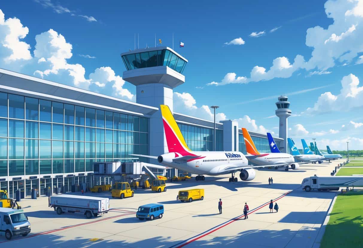 A busy airport scene at Killeen Texas Airport with airplanes parked at gates, passengers walking, and a control tower in the background under a clear sky.