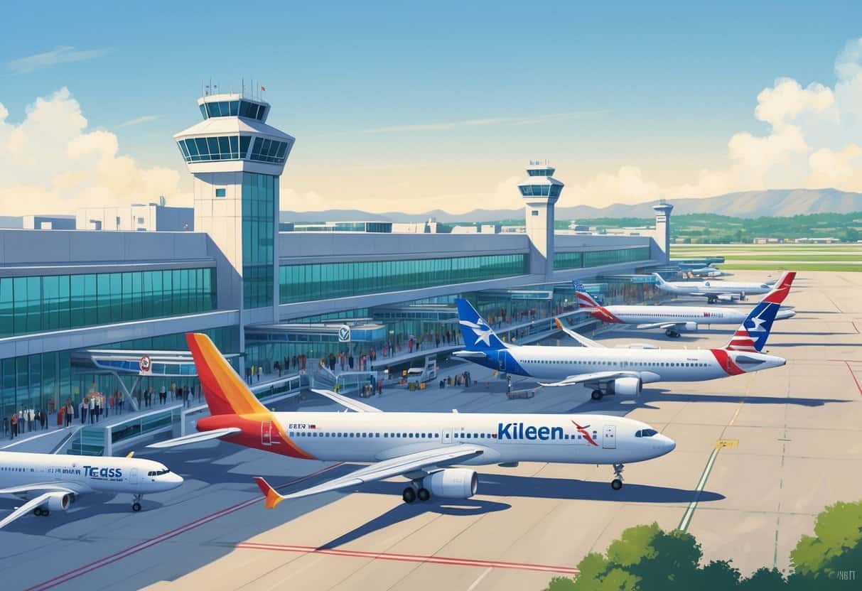 A busy airport terminal with airplanes from various airlines on the tarmac and travelers moving around outside.