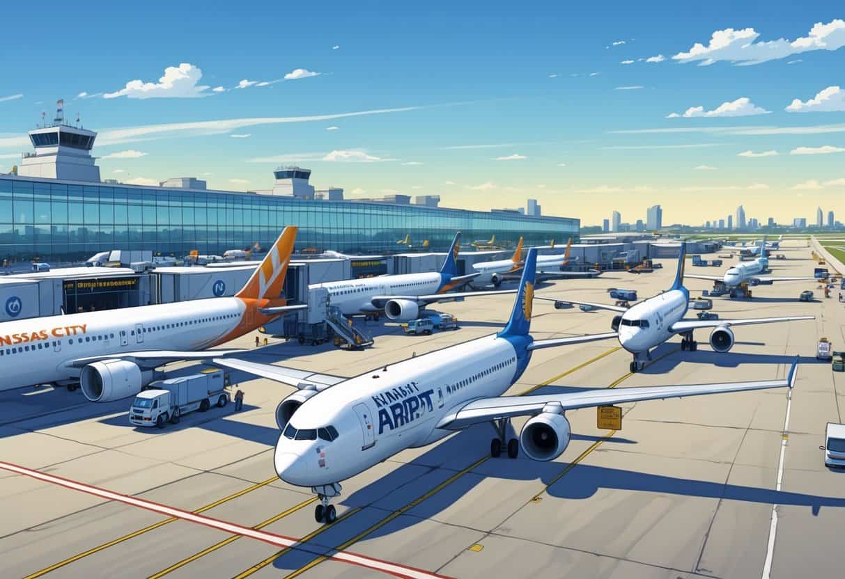A busy airport scene showing several commercial airplanes at gates with a terminal building and airport activity in the background.