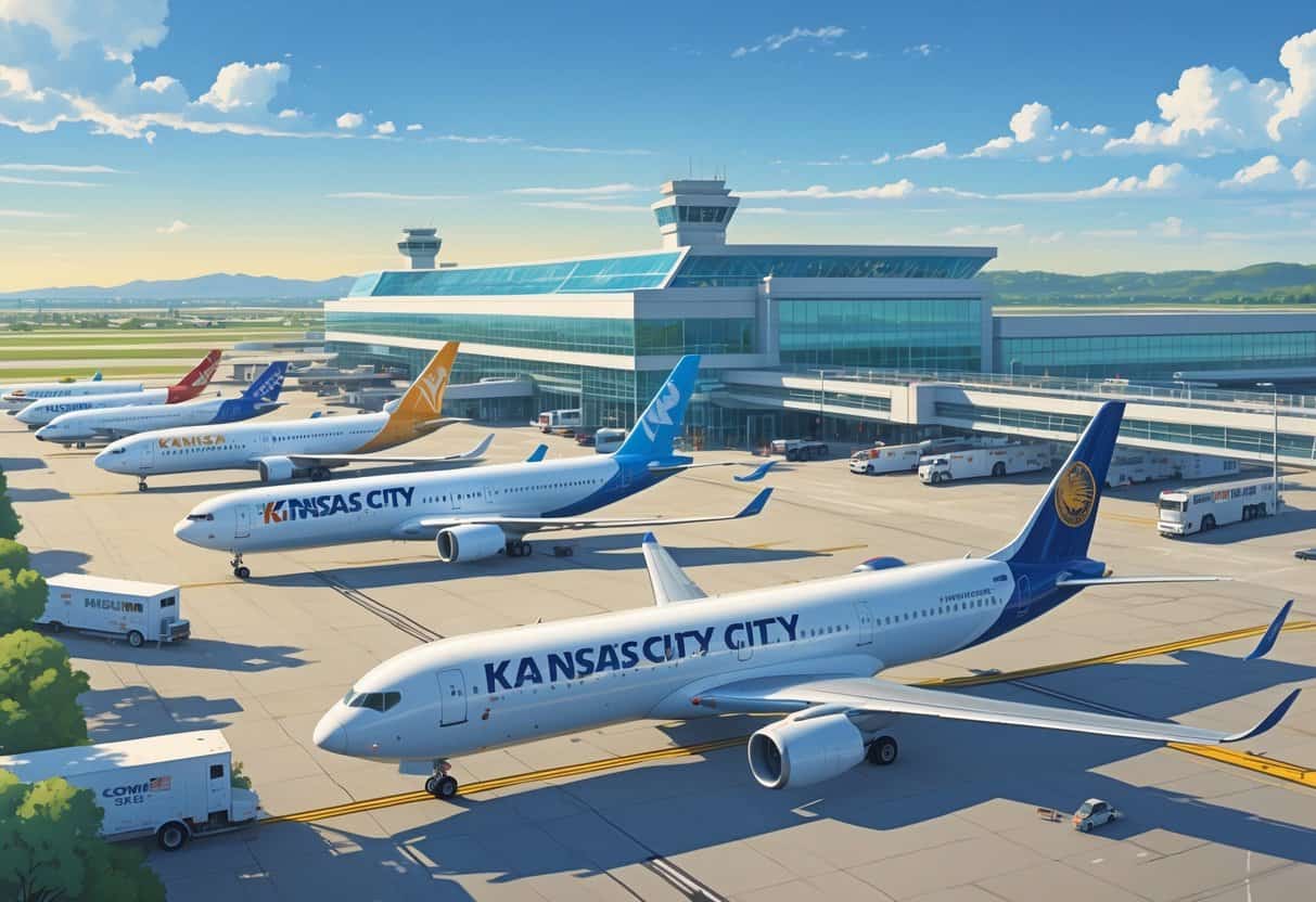 An airport scene showing several commercial airplanes from major airlines on the runway and taxiways near the terminal at Kansas City Missouri Airport with the city skyline in the background.