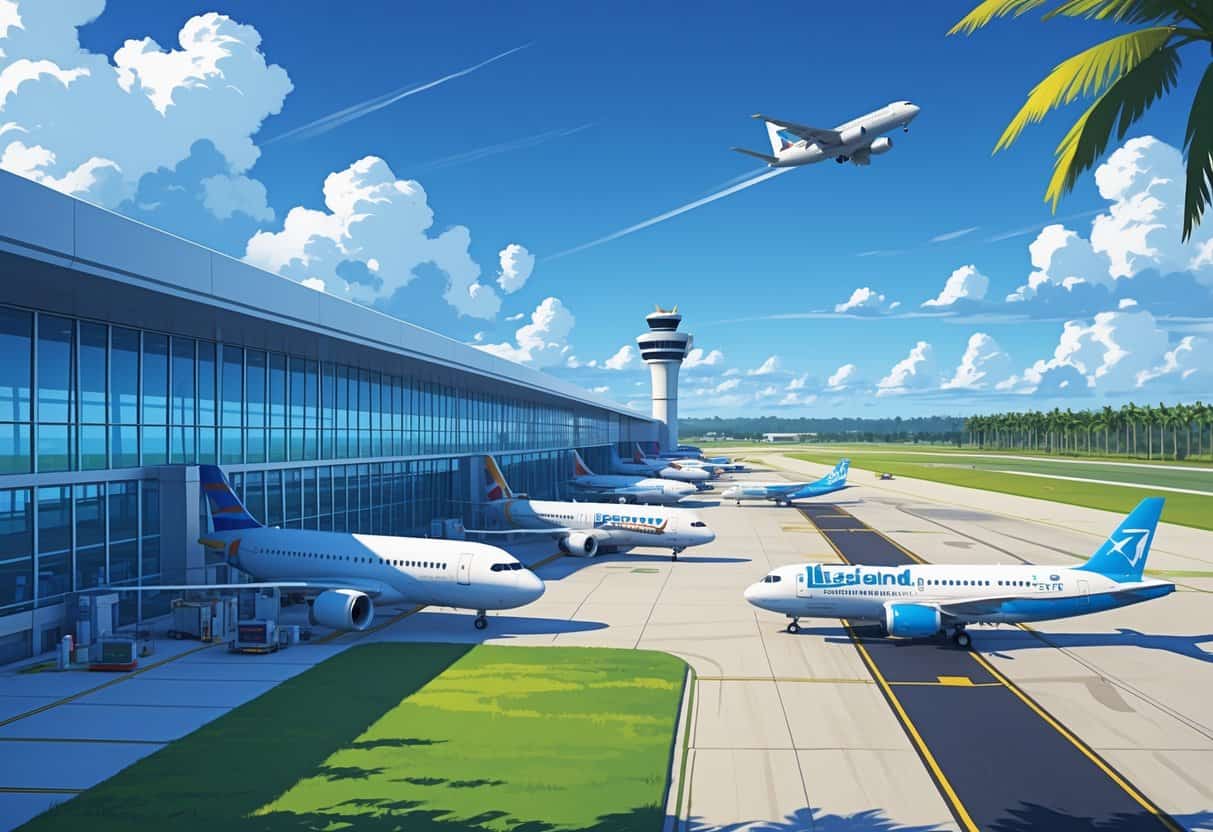 An airport scene showing airplanes parked at gates, a plane taking off, a control tower, and palm trees under a blue sky.