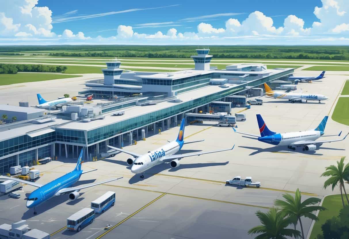 An illustration of Lakeland Linder International Airport showing airplanes from various airlines parked near the terminal with airport vehicles and staff around.