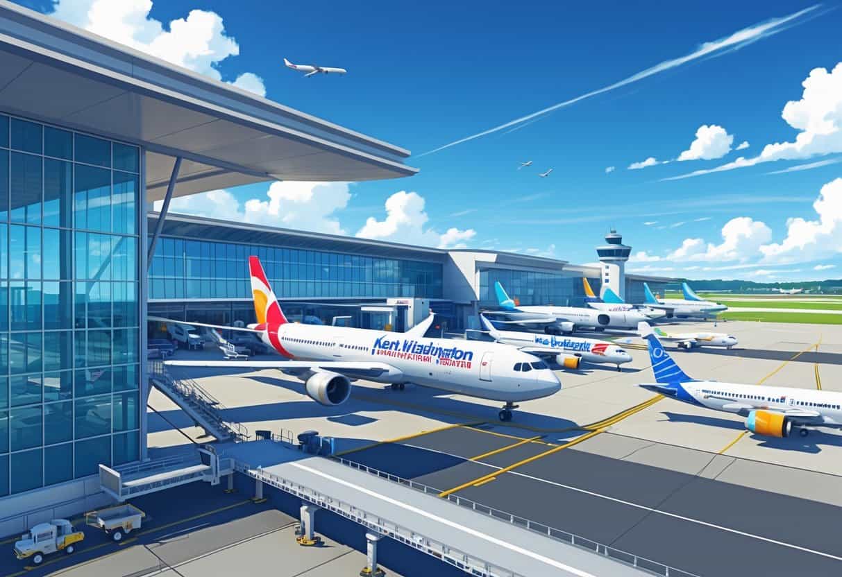 Exterior view of Kent Washington Airport with several airplanes from different airlines parked at gates and taxiing on the runway under a clear sky.