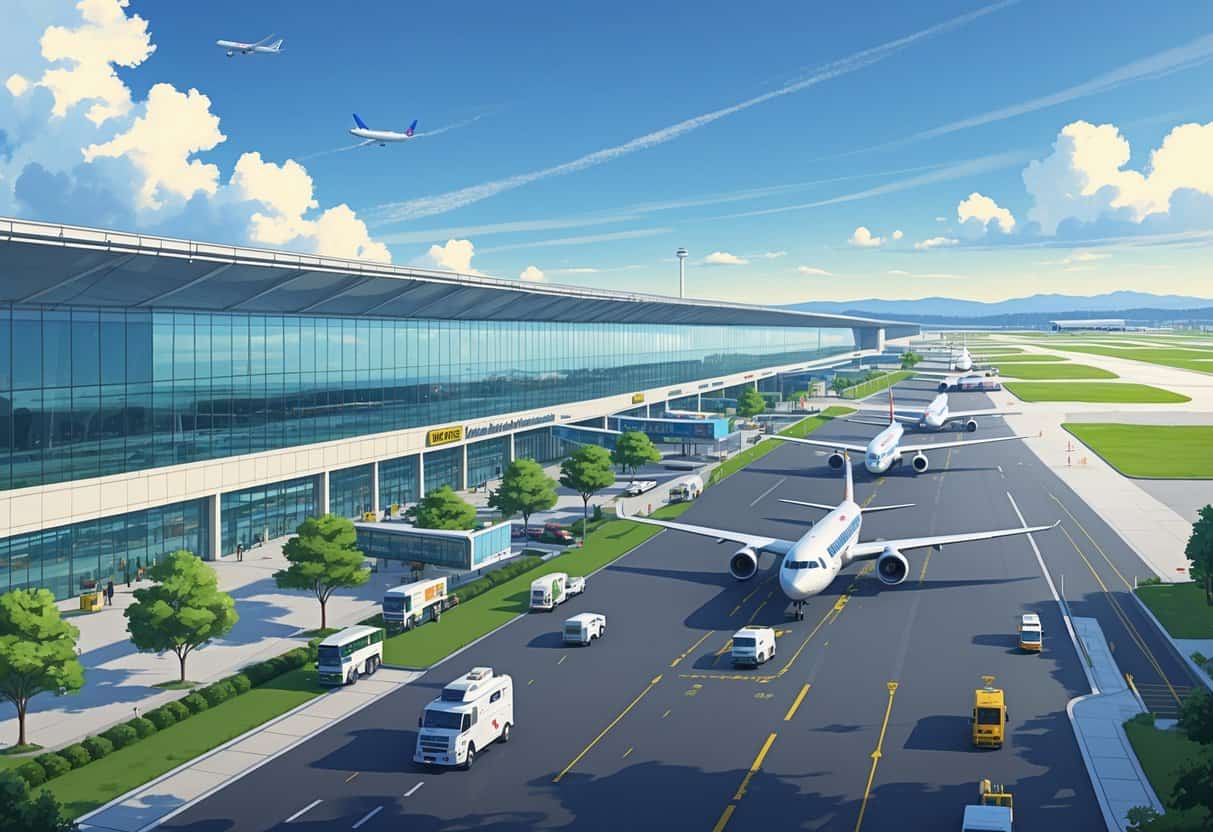 Airport scene showing airplanes from major airlines parked and taxiing near a modern terminal building with ground service vehicles and a clear sky in the background.