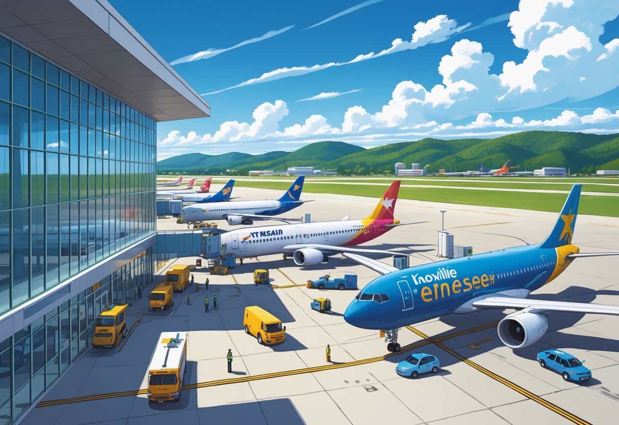 An airport terminal with airplanes from various airlines parked at gates and travelers moving around outside.