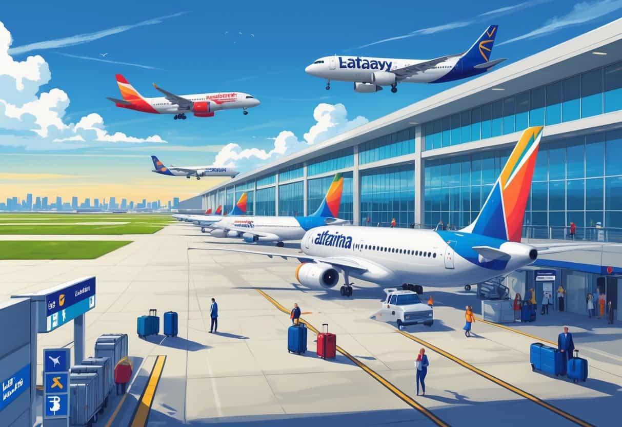 An airport terminal with airplanes on the runway and travelers walking nearby, showing activity at Lafayette Louisiana Airport.