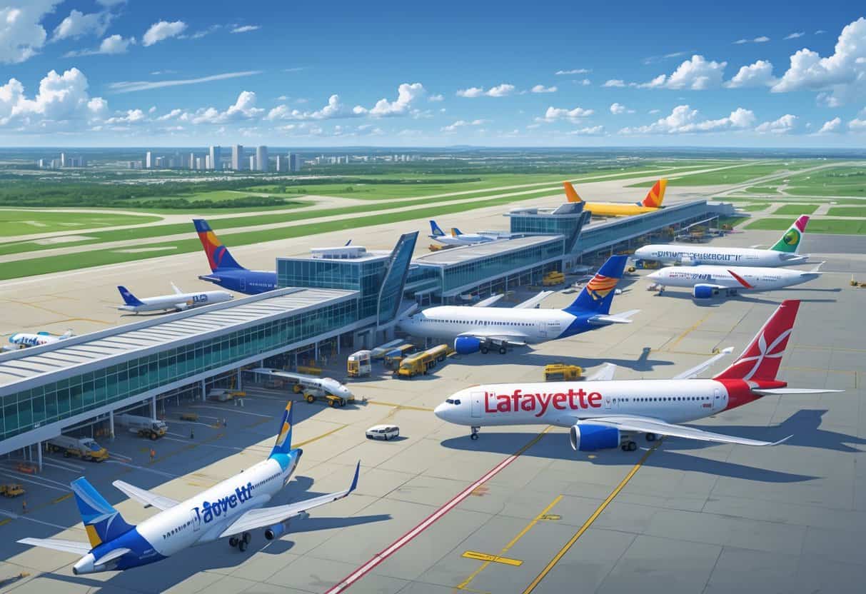 An airport terminal with several airplanes from different airlines parked at gates, runways and ground vehicles visible, with a city skyline and green landscape in the background.
