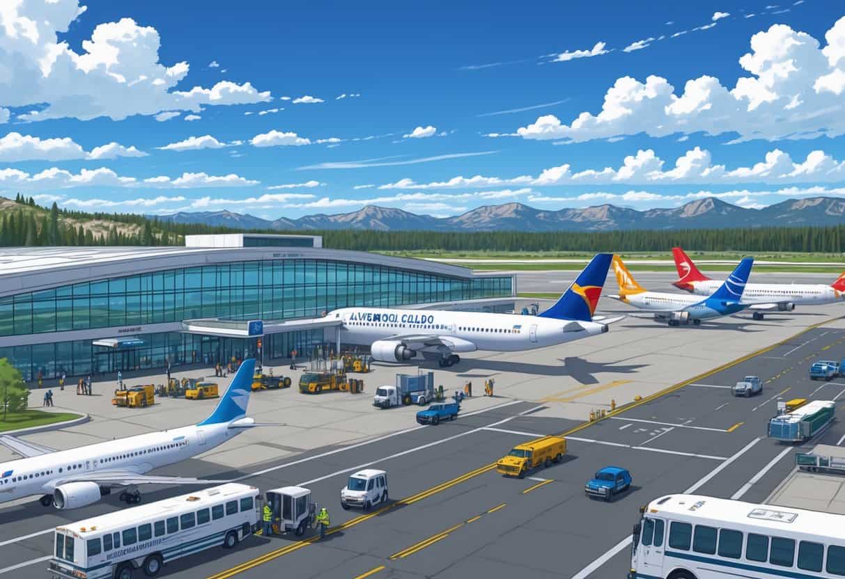 A busy airport in Lakewood, Colorado with airplanes parked at gates, airport staff and passengers moving around, and mountains in the background.