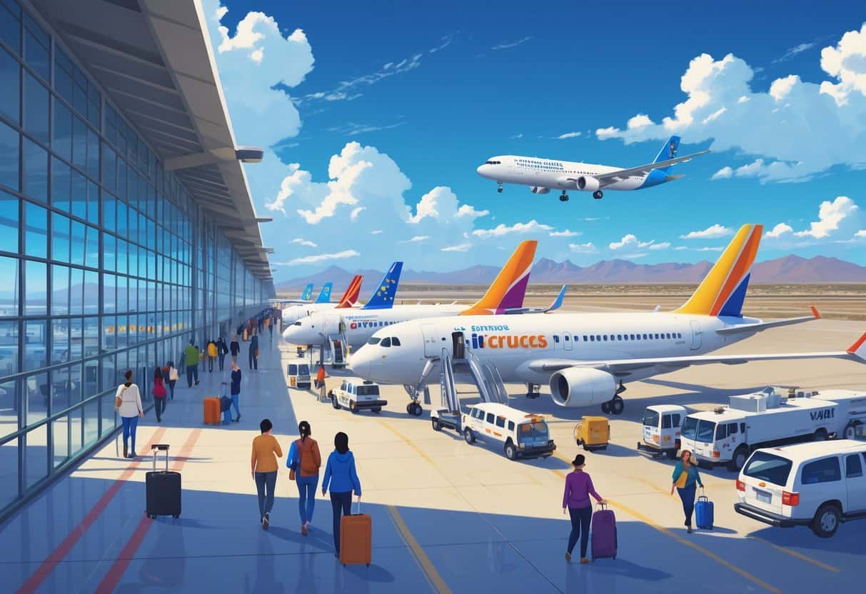 A busy airport terminal with airplanes parked at gates, passengers walking with luggage, and desert mountains in the background under a clear sky.
