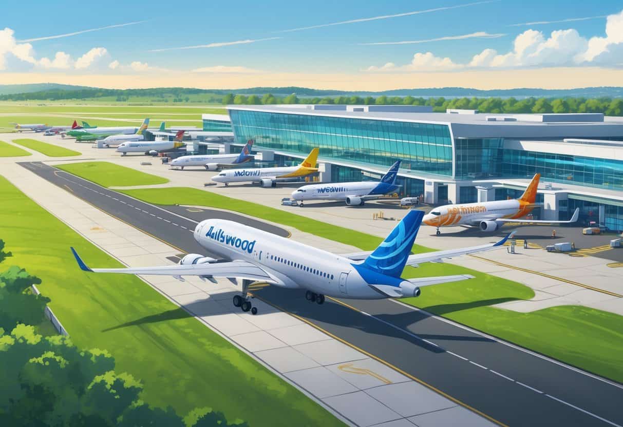 An airport scene showing airplanes taking off and parked near a modern terminal at Lakewood, New Jersey.