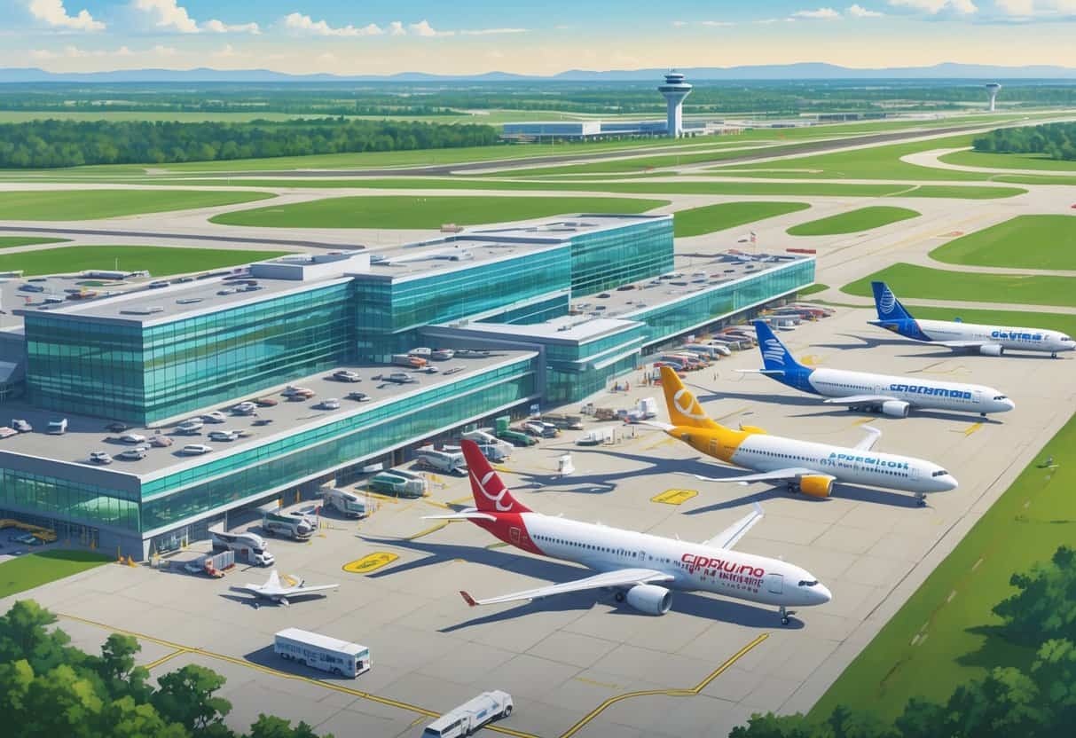 A detailed overview of Lansing Capital Region International Airport with airplanes from various airlines parked at gates and taxiing on the runway, surrounded by green landscape and clear skies.
