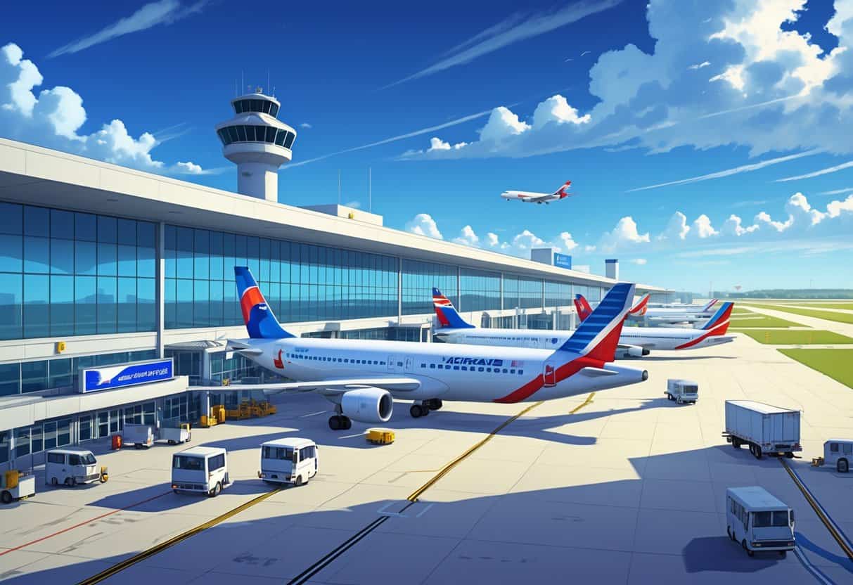 A busy regional airport scene with airplanes parked at gates, a terminal building, control tower, and a plane taking off under a clear sky.