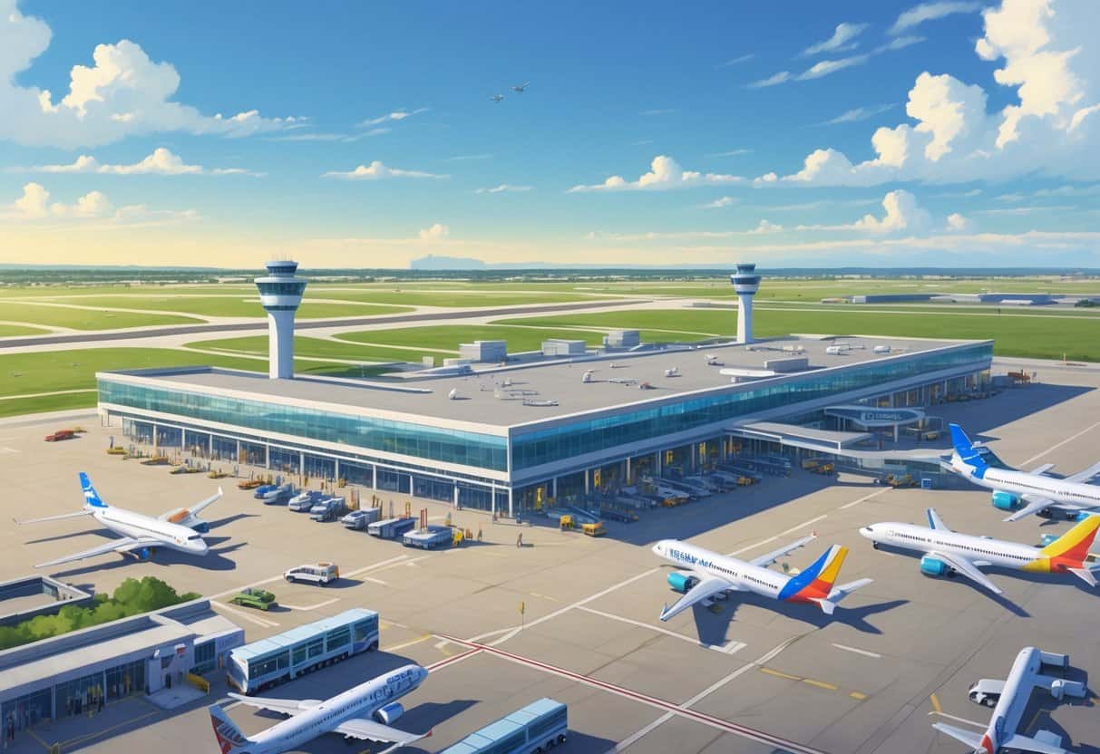 A daytime view of League City Texas Airport with airplanes from various airlines parked at gates and taxiing, surrounded by airport buildings and vehicles.