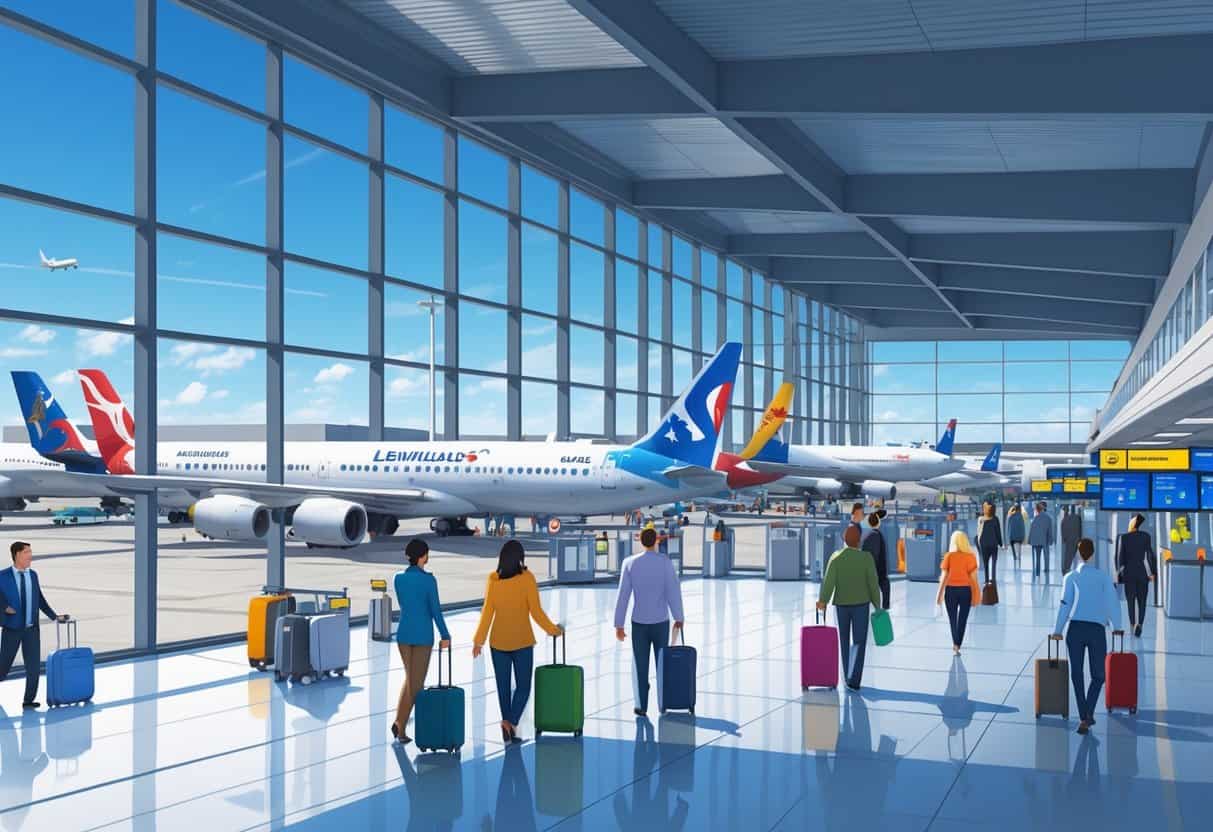 An airport terminal with airplanes from various airlines parked outside, passengers walking inside, and airport staff assisting travelers.