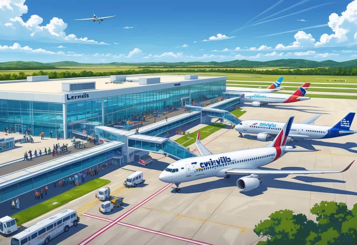 A busy airport scene at Lewisville, Texas with airplanes from various airlines on the tarmac near a modern terminal building and travelers moving about.