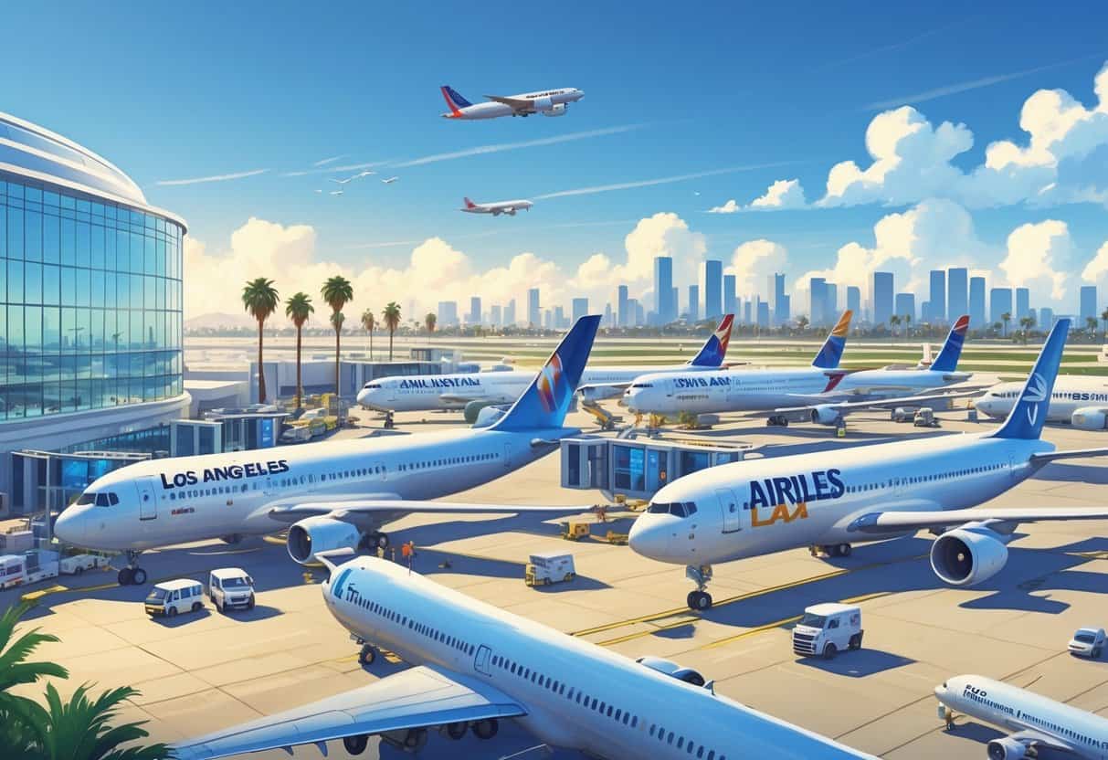 Airplanes from major airlines parked at Los Angeles International Airport with the terminal, palm trees, and city skyline in the background.