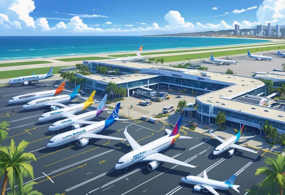 A busy Long Beach California Airport with airplanes from various airlines on runways and gates near the terminal, surrounded by palm trees and ocean in the background.