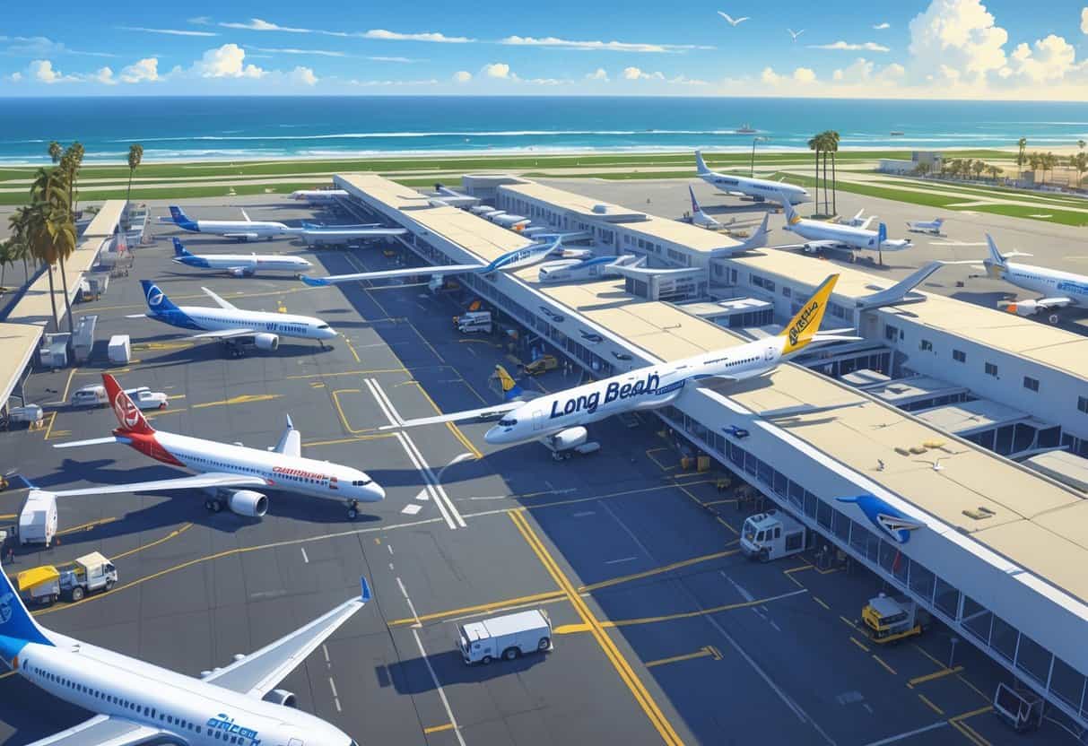 A busy airport scene showing several airplanes from different airlines at gates and on the runway, with the Long Beach city skyline and ocean in the background.