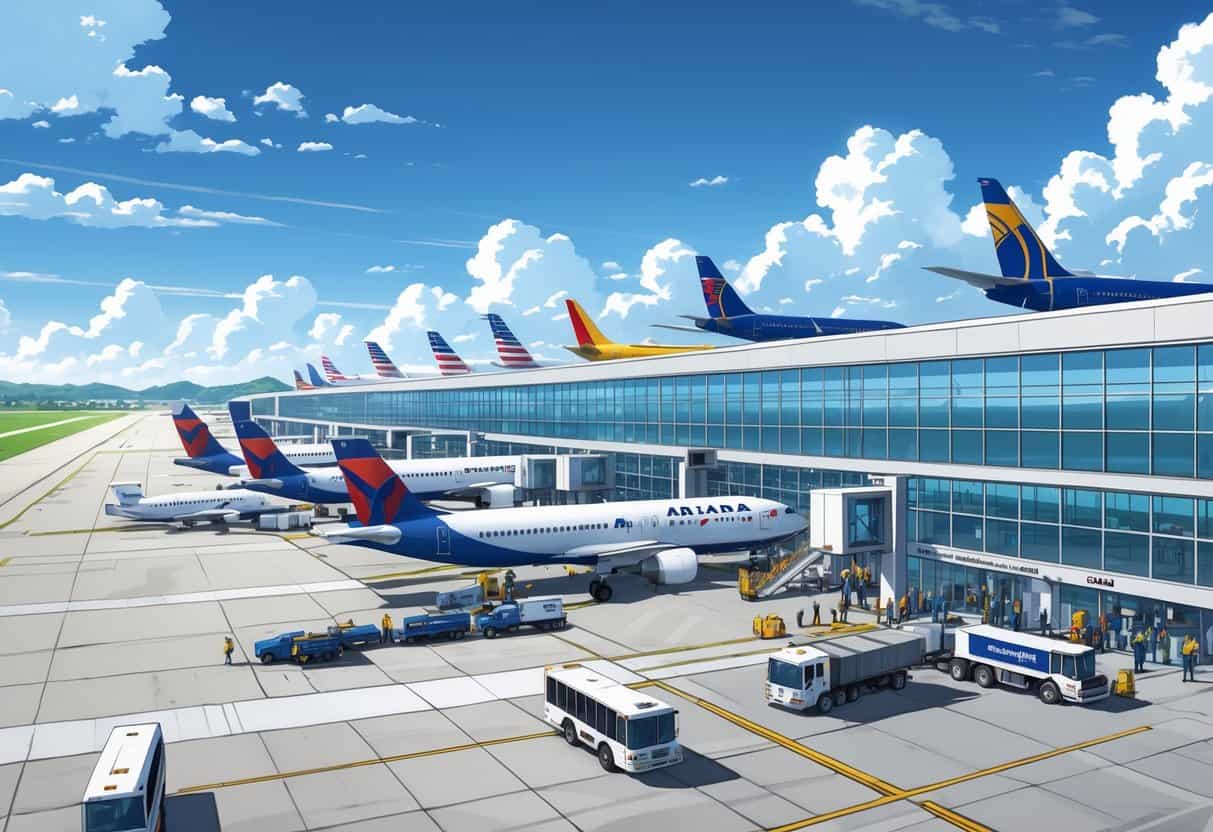 A busy airport terminal at Louisville Kentucky Airport with several airplanes from major airlines parked at gates and ground vehicles servicing them under a clear sky.