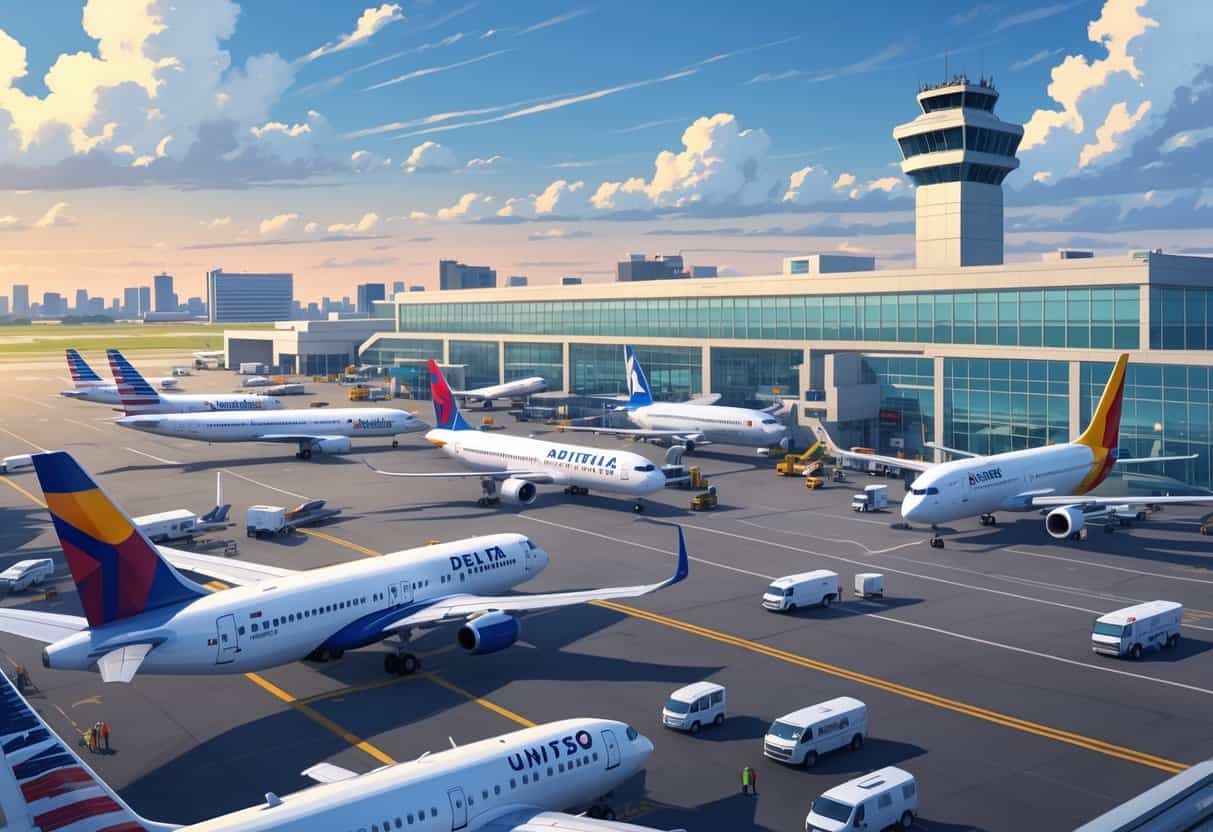 A busy airport runway with several commercial airplanes from different airlines preparing for departure near a terminal building and control tower.