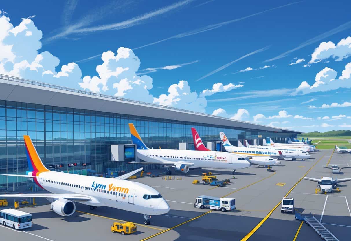 An airport scene showing multiple commercial airplanes parked at gates outside a modern terminal with passengers and ground vehicles moving around.