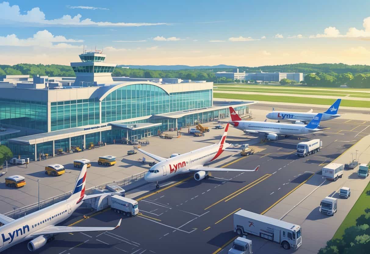An airport terminal with airplanes parked at gates and taxiing on the runway, surrounded by ground vehicles and a nearby cityscape.