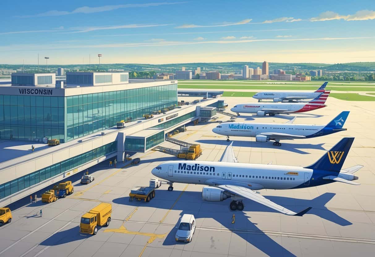 A busy airport scene showing airplanes from different airlines at gates and taxiways outside a modern terminal with the city skyline in the background.