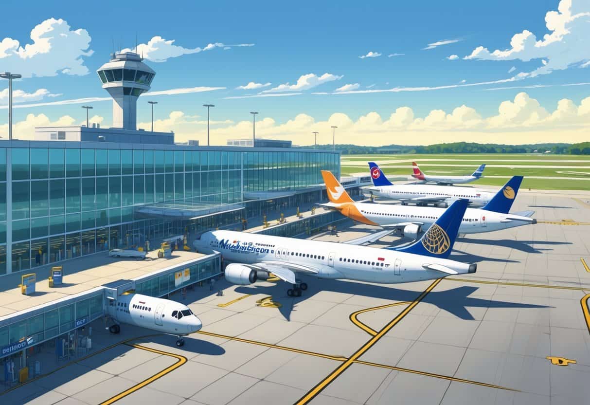 A busy scene at Madison Wisconsin Airport showing airplanes from major airlines parked at gates with a modern terminal and runway in the background.