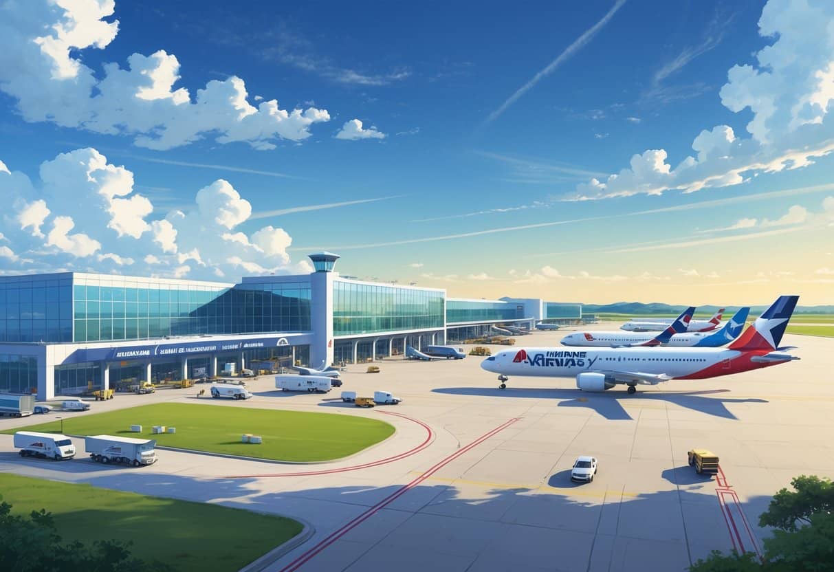 A regional airport with airplanes parked at gates and taxiing on the runway, a modern terminal building, airport staff, and clear skies.