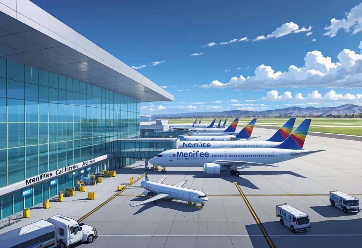 A daytime airport scene showing a modern terminal building and several commercial airplanes parked at gates with ground vehicles around them, set against blue skies and distant hills.