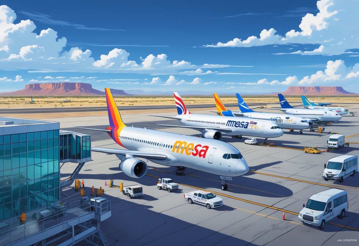 An airport scene at Mesa Arizona with several commercial airplanes from different airlines parked and taxiing near a modern terminal, set against a desert landscape with mesas and clear skies.
