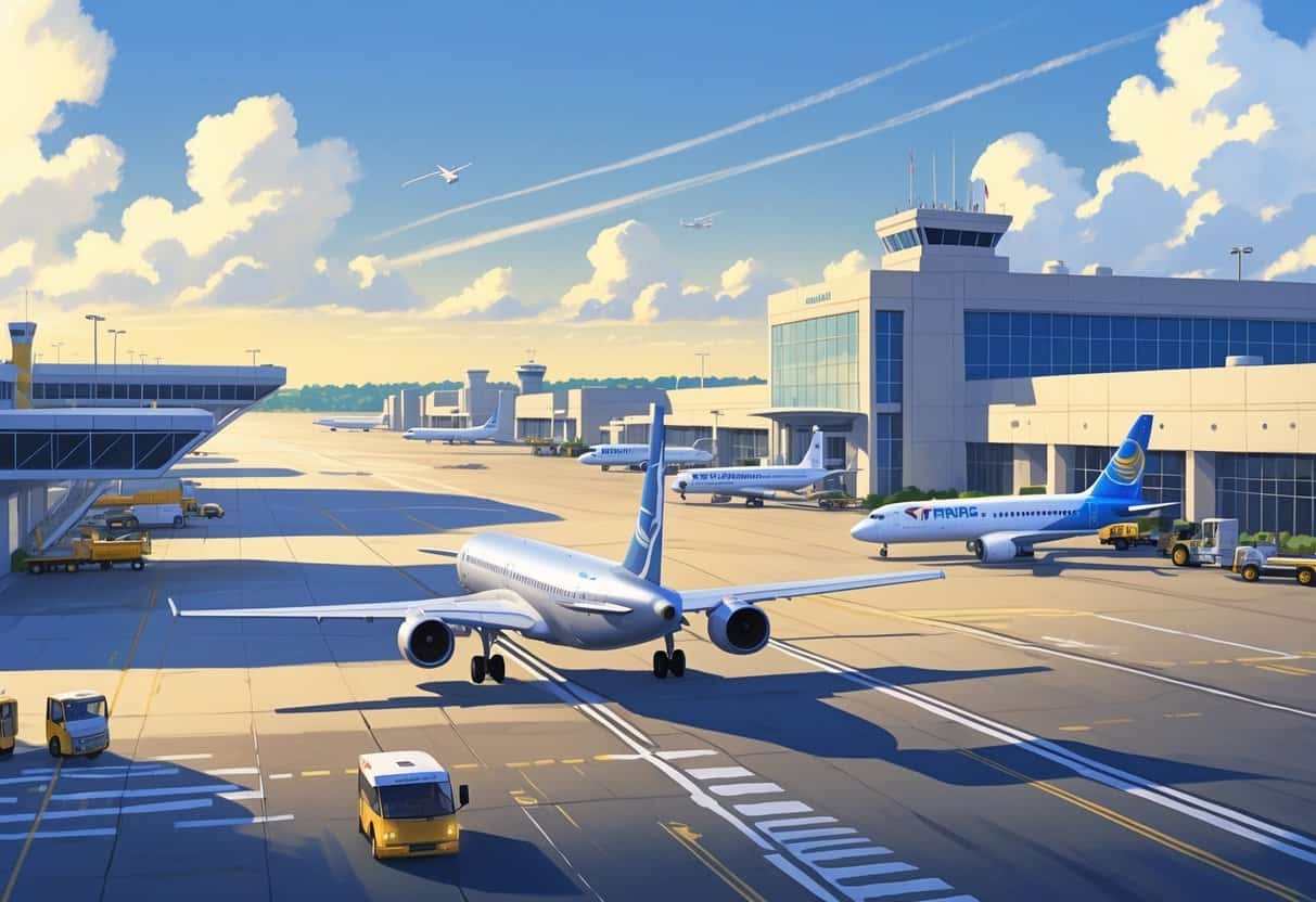 An airport scene at Mobile Alabama Airport showing airplanes on the runway and at gates with airport buildings and vehicles nearby.