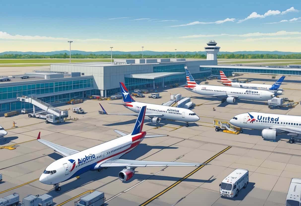 An airport scene at Mobile Alabama with several commercial airplanes from major airlines parked near the terminal and ground vehicles operating around them.