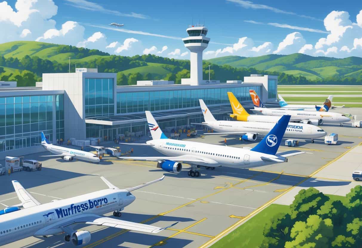 A regional airport with airplanes from various airlines parked at gates and taxiing, a terminal building, control tower, airport staff, and green hills in the background.