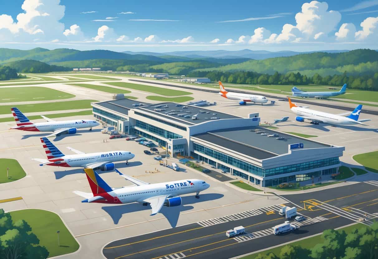 An airport scene showing airplanes from multiple airlines at a terminal with runways and surrounding green landscape.