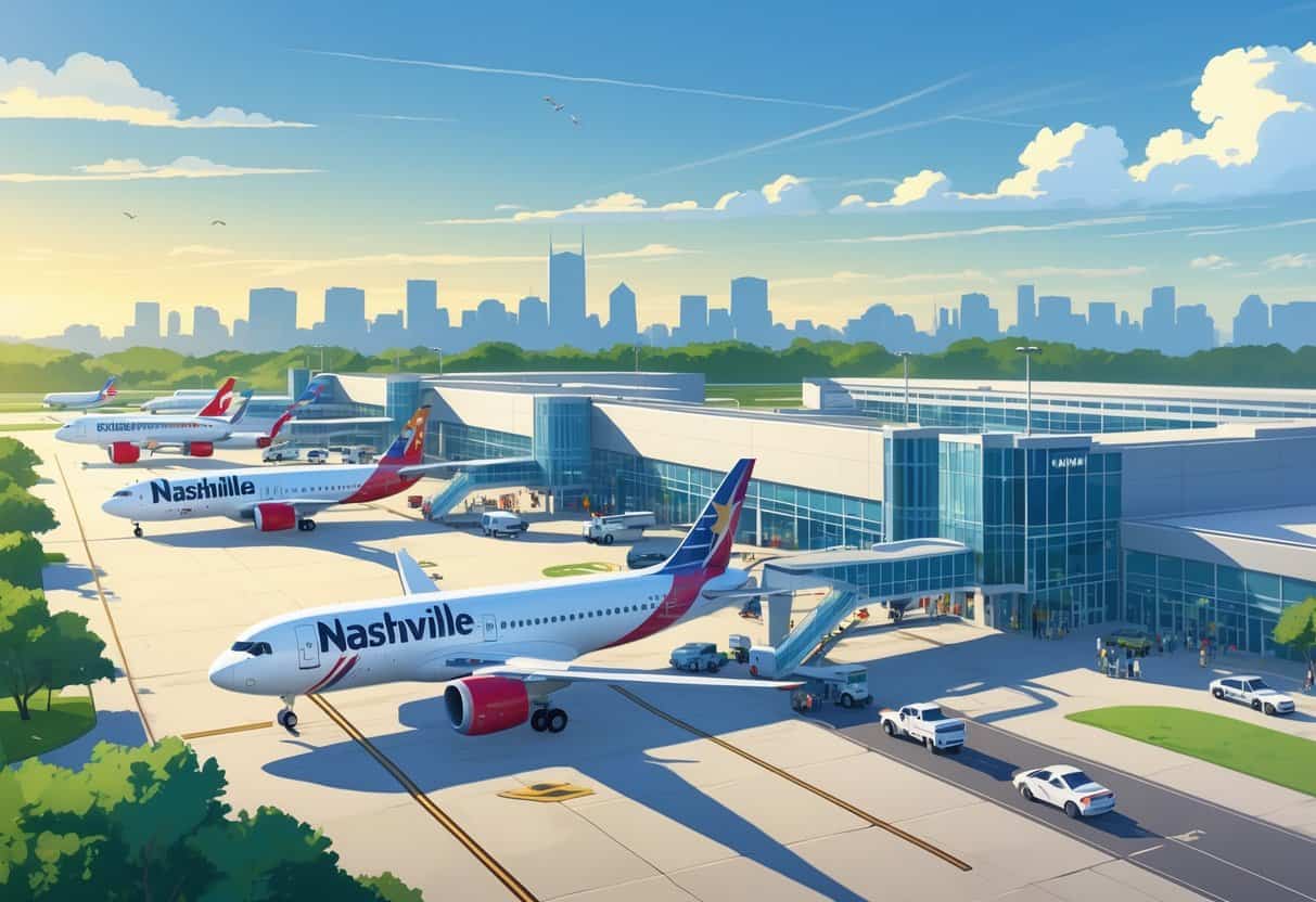 A busy Nashville Tennessee Airport with airplanes from various airlines at gates, airport terminal, and the city skyline in the background.