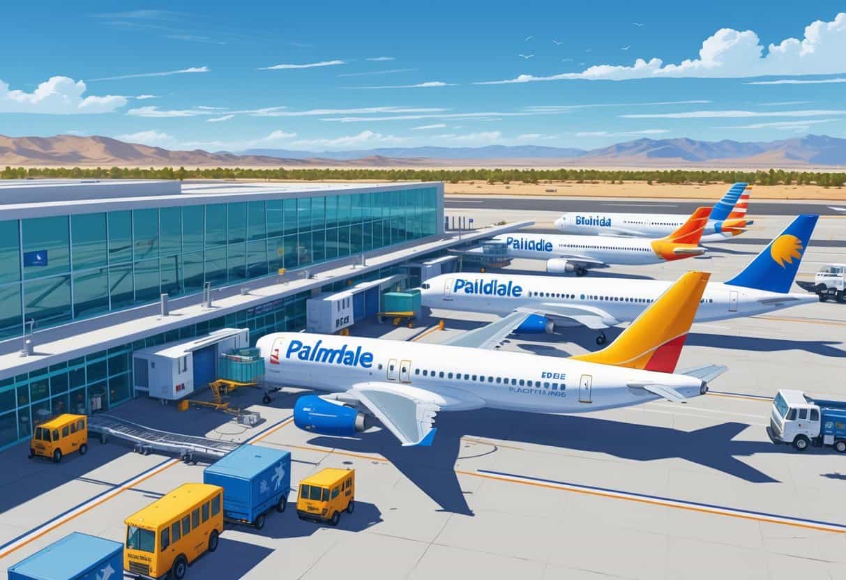 A busy airport terminal at Palmdale California with several commercial airplanes parked at gates and ground service vehicles around them, set against a clear sky and desert landscape.