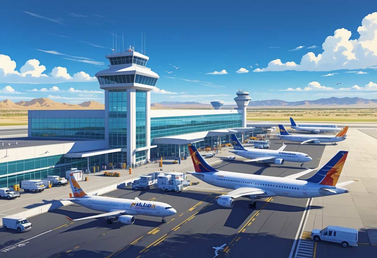 A busy airport terminal with airplanes parked and taxiing on the runway, surrounded by desert landscape and mountains under a clear blue sky.
