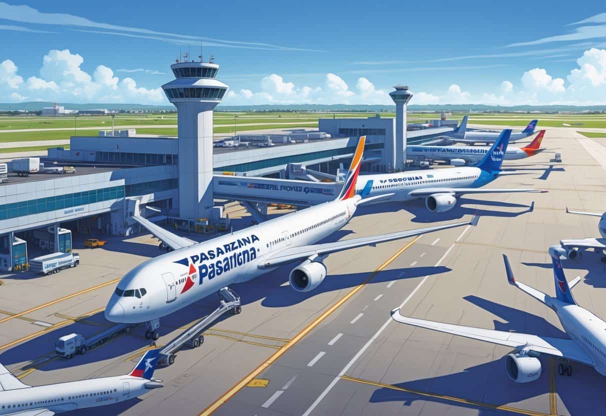 An airport scene showing several commercial airplanes from different airlines preparing for departure at Pasadena Texas Airport with terminals, runways, and airport infrastructure.