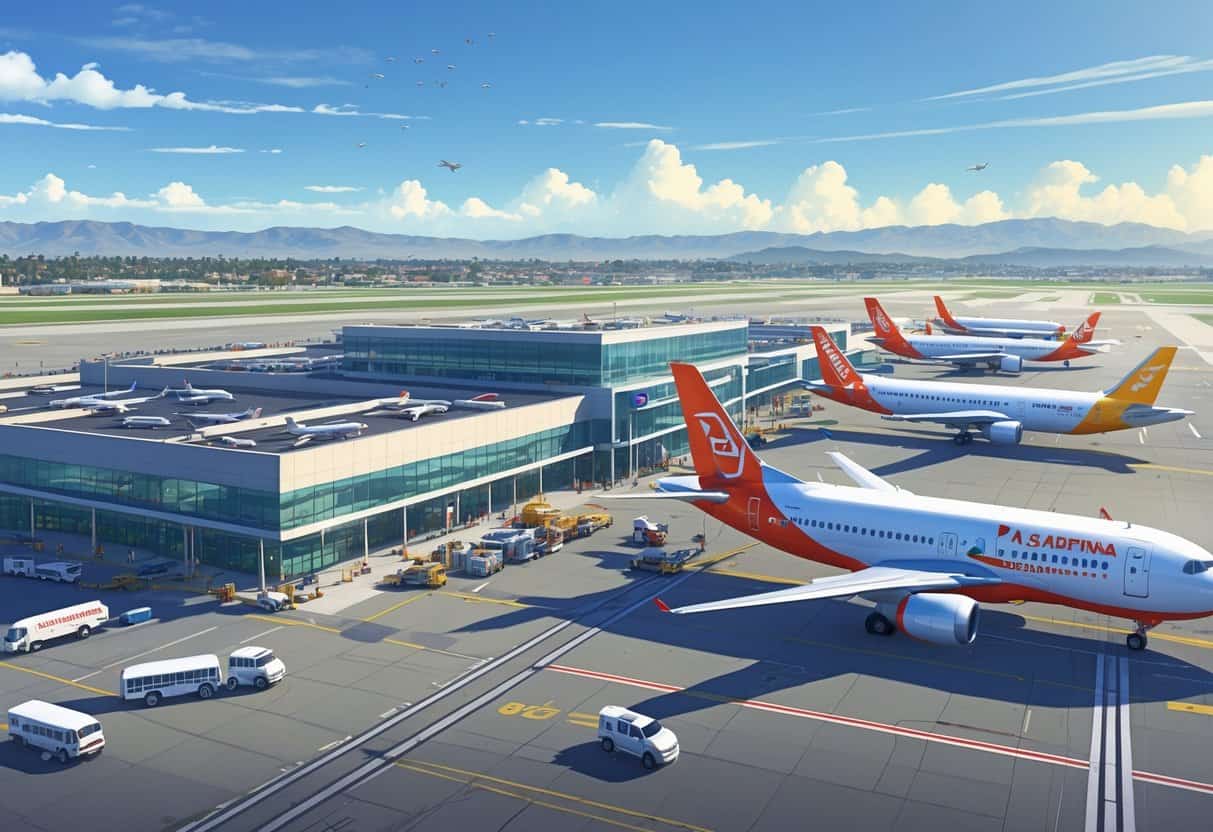 A busy airport scene showing airplanes from major airlines parked and taxiing at Pasadena California Airport with the terminal building and city skyline in the background.