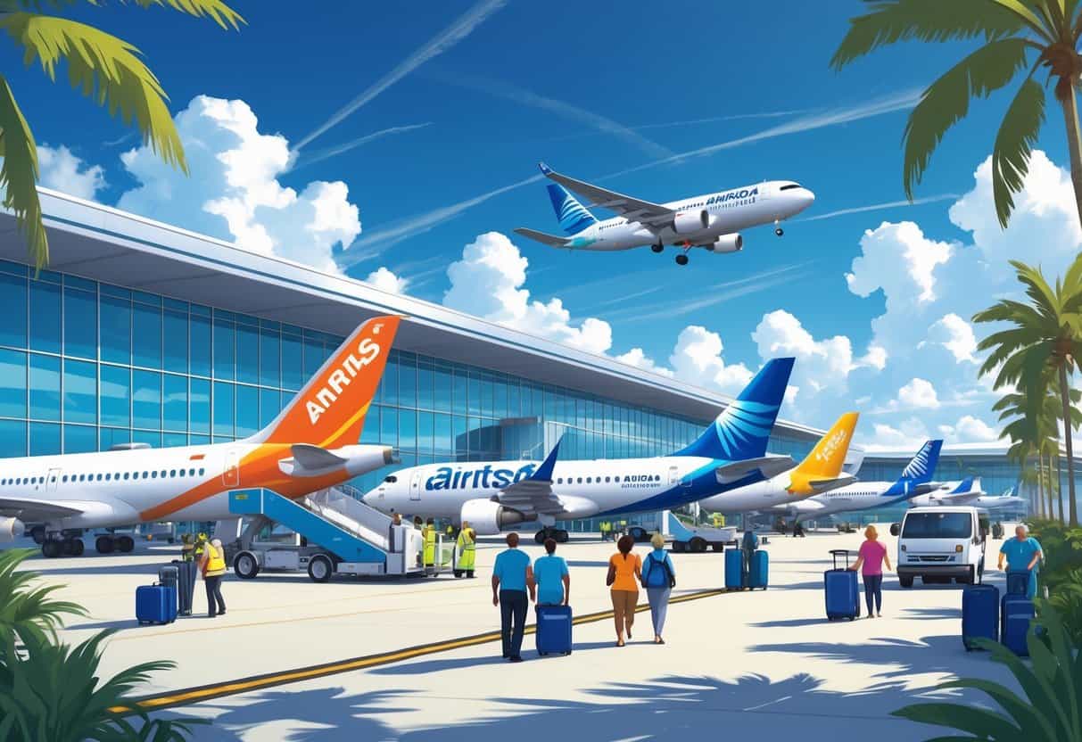 A busy airport terminal with airplanes from major airlines parked at gates, passengers walking with luggage, airport staff, and ground vehicles under a sunny sky with palm trees.